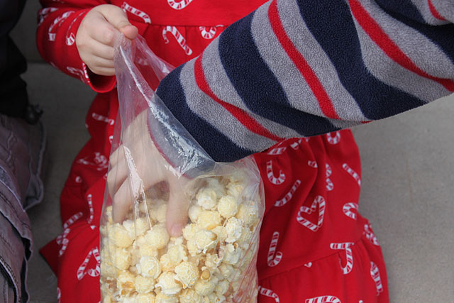hand in the plastic kettle corn bag
