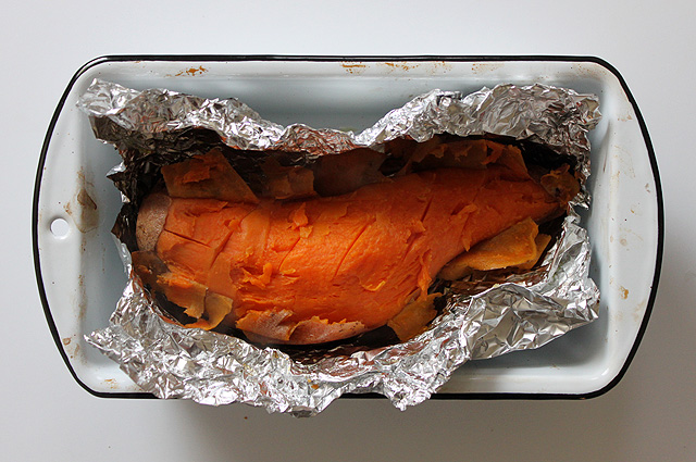 2 roasted sweet potato skinned in foil
