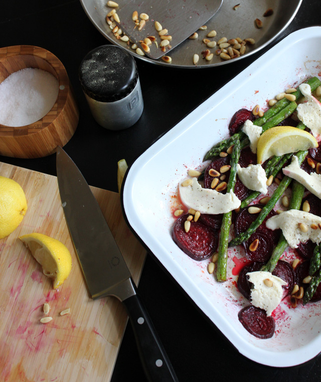 asparagus beets roasting pan topped with mozzarella toasted pine nuts